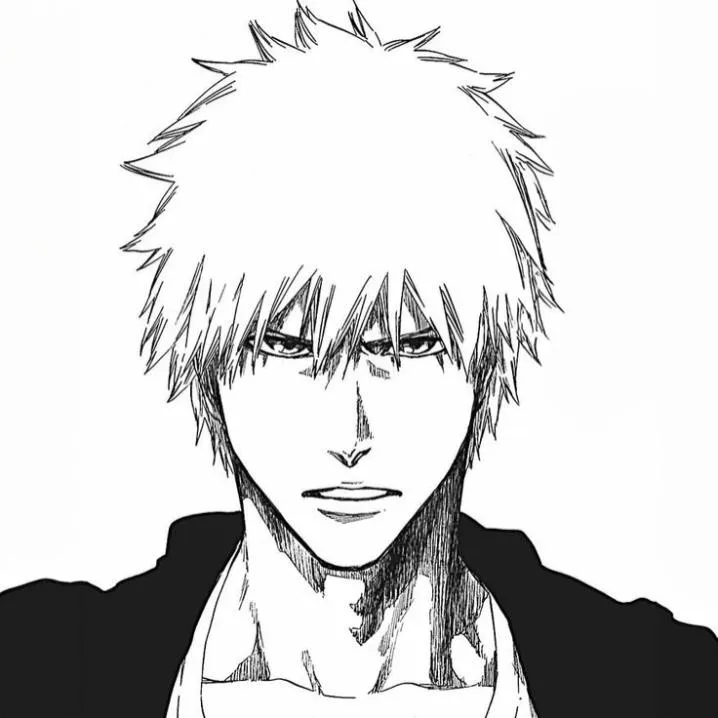 Bleach PFP #18: A black and white sketch of Ichigo with messy spiky hair and a stern stare, drawn in fine pencil lines on white.