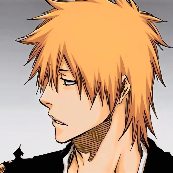 Bleach PFP #19: Ichigo with long spiky orange hair glances down in side profile against a soft grey background, drawn in coloured manga style.