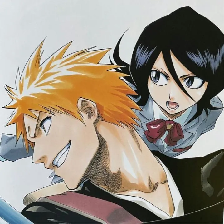 Bleach PFP #2: Ichigo with spiky orange hair grins in profile while Rukia, in a school uniform with a red bow, looks over his shoulder.