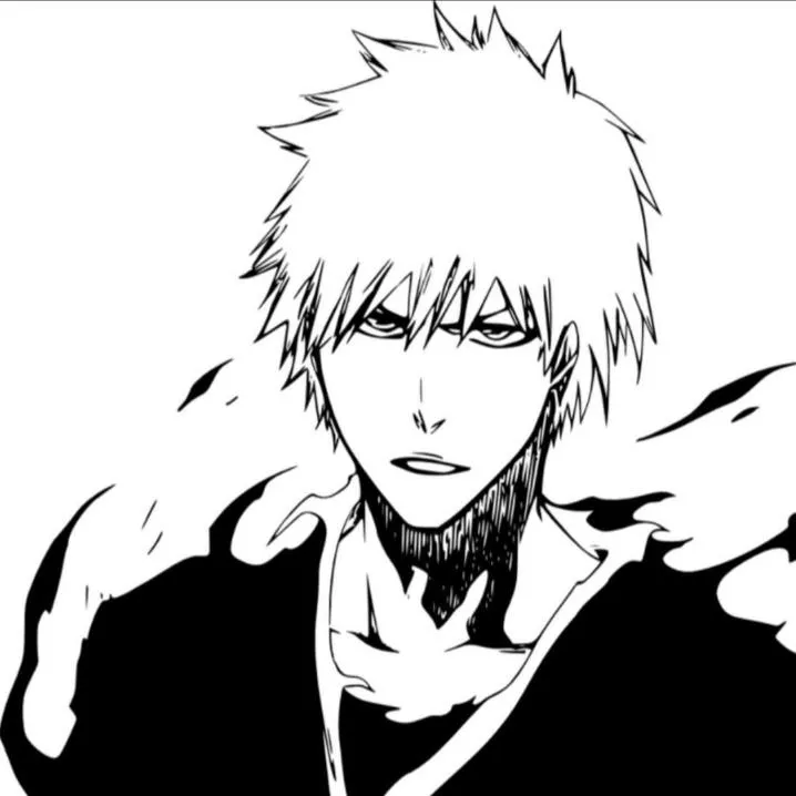 Bleach PFP #20: Ichigo with spiky hair and a serious stare wears a black robe, surrounded by flame-like ink shapes, in a black and white manga panel.