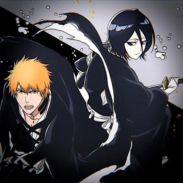Bleach PFP #4: Ichigo with orange hair and Rukia holding a sword pose in black robes against a split black and white background with ink splashes.