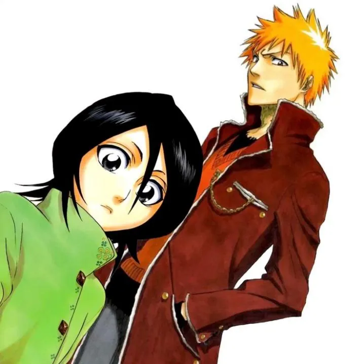 Bleach PFP #5: Ichigo in a long red coat glances down beside Rukia, who leans back against him in a green jacket on a white background.