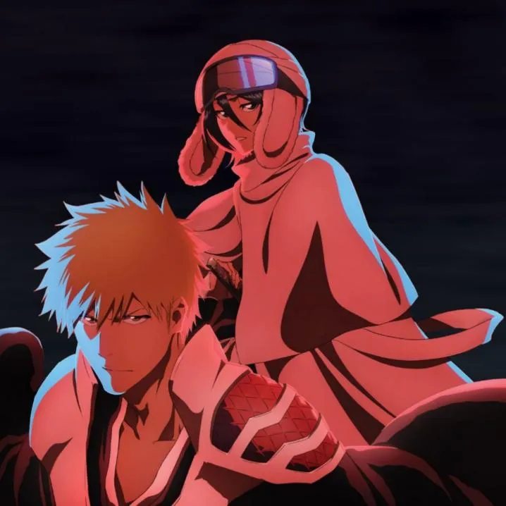 Bleach PFP #6: Ichigo in front and Rukia in a hood with goggles behind him are lit in deep red with blue edges against a dark sky.