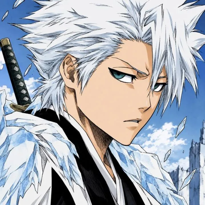 Bleach PFP #7: Toshiro with spiky white hair and teal eyes looks sideways, a sword hilt over his shoulder and ice crystals against a blue sky.