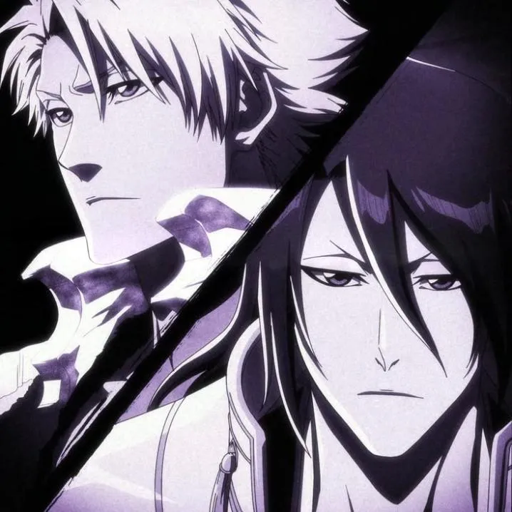 Bleach PFP #8: Toshiro with swept white hair and Byakuya with long black hair share a diagonal split frame washed in pale purple tones.