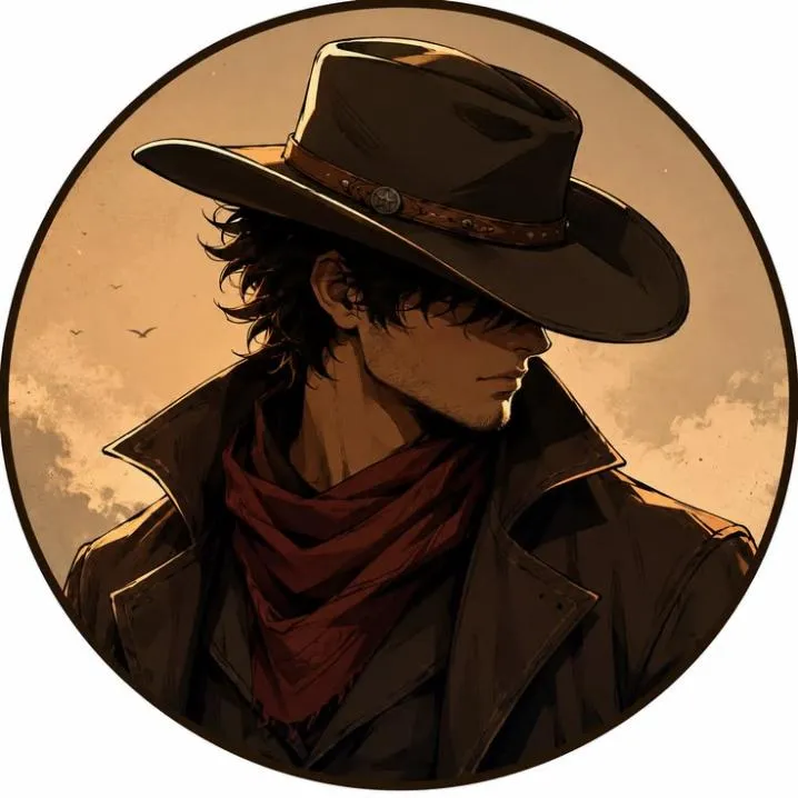 Cowboy PFP #1: A drawn man in a wide brimmed brown hat, long coat and red scarf keeps his eyes in shadow inside a sepia circle.
