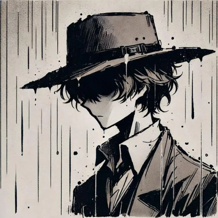 Cowboy PFP #11: An ink drawn figure in a flat brimmed hat and long coat, eyes hidden in shadow, stands under streaks of black rain.