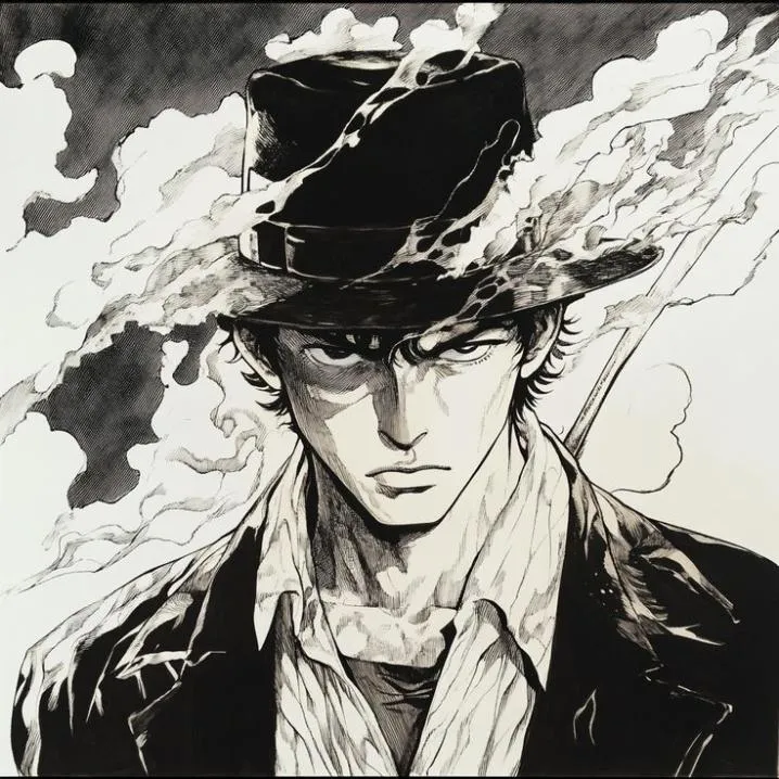 Cowboy PFP #13: A scowling young man in a flat topped hat and open collared shirt is drawn in black ink with swirling smoke behind him.