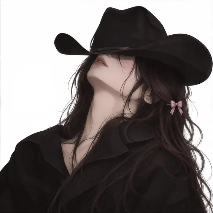Cowboy PFP #14: A drawn girl with long wavy dark hair and a pink bow tilts her head back, her eyes hidden under a black cowboy hat.