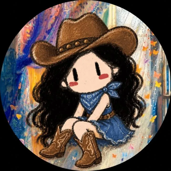 Cowboy PFP #15: A chibi girl with curly black hair sits in a brown cowboy hat, blue bandana, denim skirt and boots on a colourful painted background.