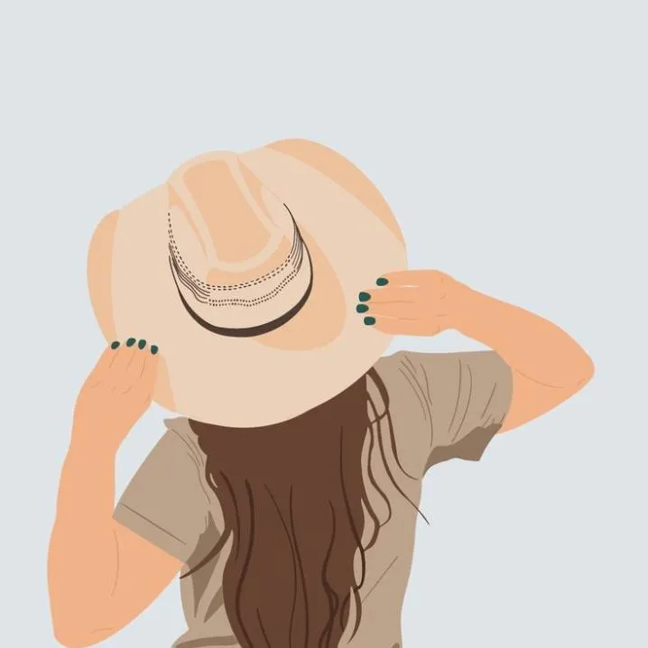 Cowboy PFP #16: A flat illustration of a girl seen from behind holds a peach cowboy hat with both hands, her long brown hair down her back.