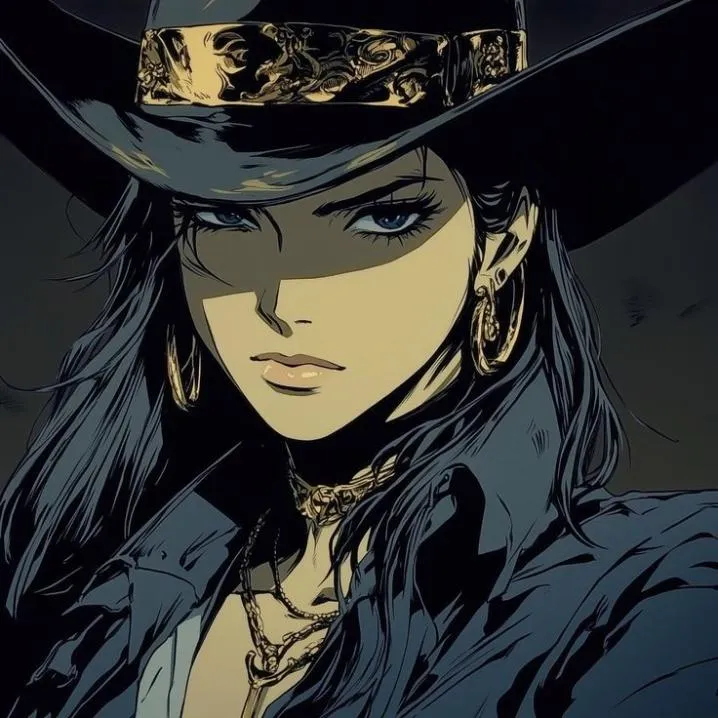 Cowboy PFP #17: An anime girl with long dark hair, gold hoop earrings and a shadowed stare wears a wide black hat with an ornate gold band.