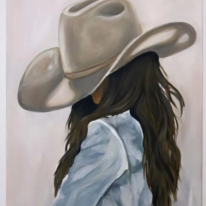 Cowboy PFP #18: A soft painting shows a girl from behind in a grey cowboy hat and light blue shirt, with long dark brown hair.