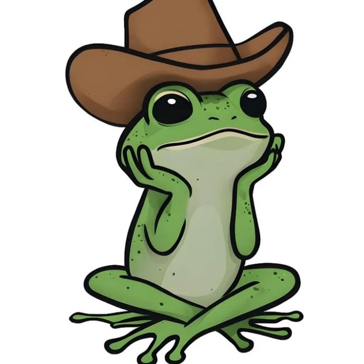 Cowboy PFP #19: A green cartoon frog sits cross legged with its cheeks in its hands under a tall brown cowboy hat on a white background.