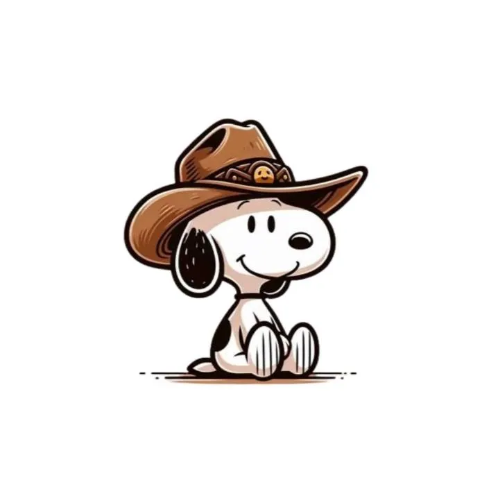 Cowboy PFP #2: Snoopy sits smiling in a brown cowboy hat with a patterned band, drawn in simple cartoon lines on a white background.