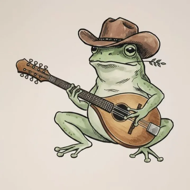 Cowboy PFP #20: A green frog in a brown cowboy hat plays a wooden mandolin with a sprig of leaves in its mouth on a beige background.