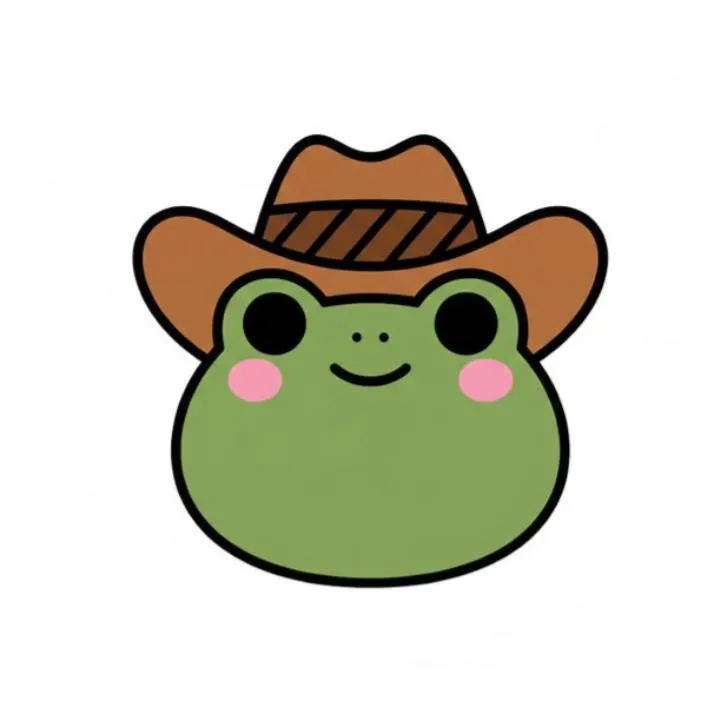 Cowboy PFP #21: A round green frog face with a small smile and pink cheeks wears a brown cowboy hat with a striped band on white.