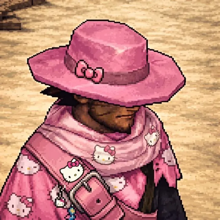 Cowboy PFP #3: A pixel art figure in a pink hat and pink Hello Kitty print scarf, face in shadow, stands against a sandy background.