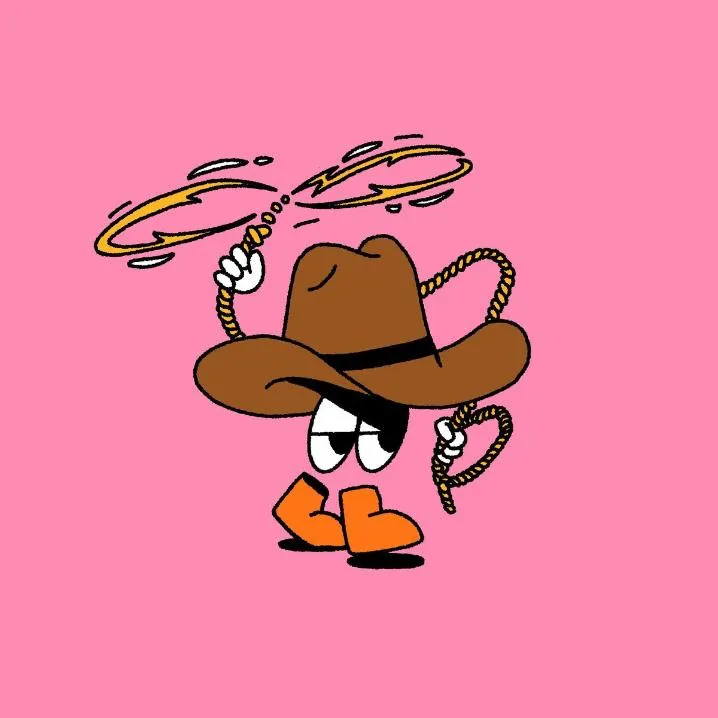 Cowboy PFP #4: A cartoon cowboy hat with big eyes and orange boots swings a lasso overhead on a bright pink background.