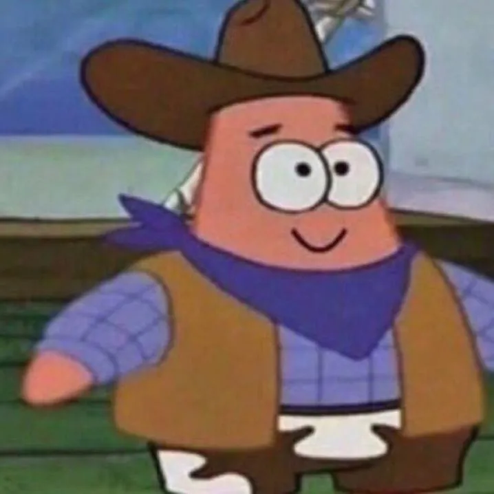 Cowboy PFP #5: Patrick Star from SpongeBob wears a brown cowboy hat, a purple bandana, a brown vest and a blue checked shirt with a goofy smile.