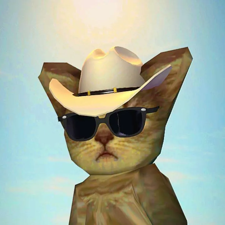 Cowboy PFP #8: A blocky 3D cartoon orange cat with a stern frown wears black sunglasses and a cream cowboy hat against a glowing blue sky.