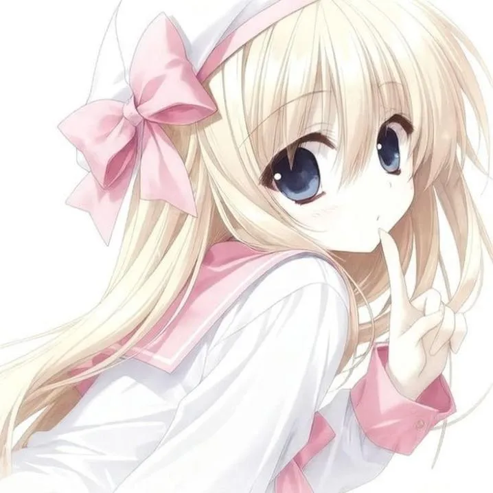 Cute Blonde Anime Girl Aesthetic PFP #20: A pale blonde anime girl with blue eyes, a big pink bow and a pink sailor collar holds a finger near her lips.