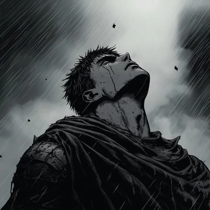 Dark PFP #24: A grey toned manga warrior with spiky hair and a scar across his face looks up into heavy rain, wrapped in a tattered cloak.