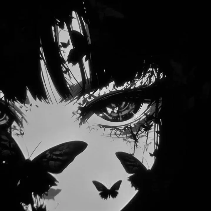 Dark PFP #25: A black and white close up of an anime girl's wide eye under dark bangs, with black butterflies fluttering across her pale face.