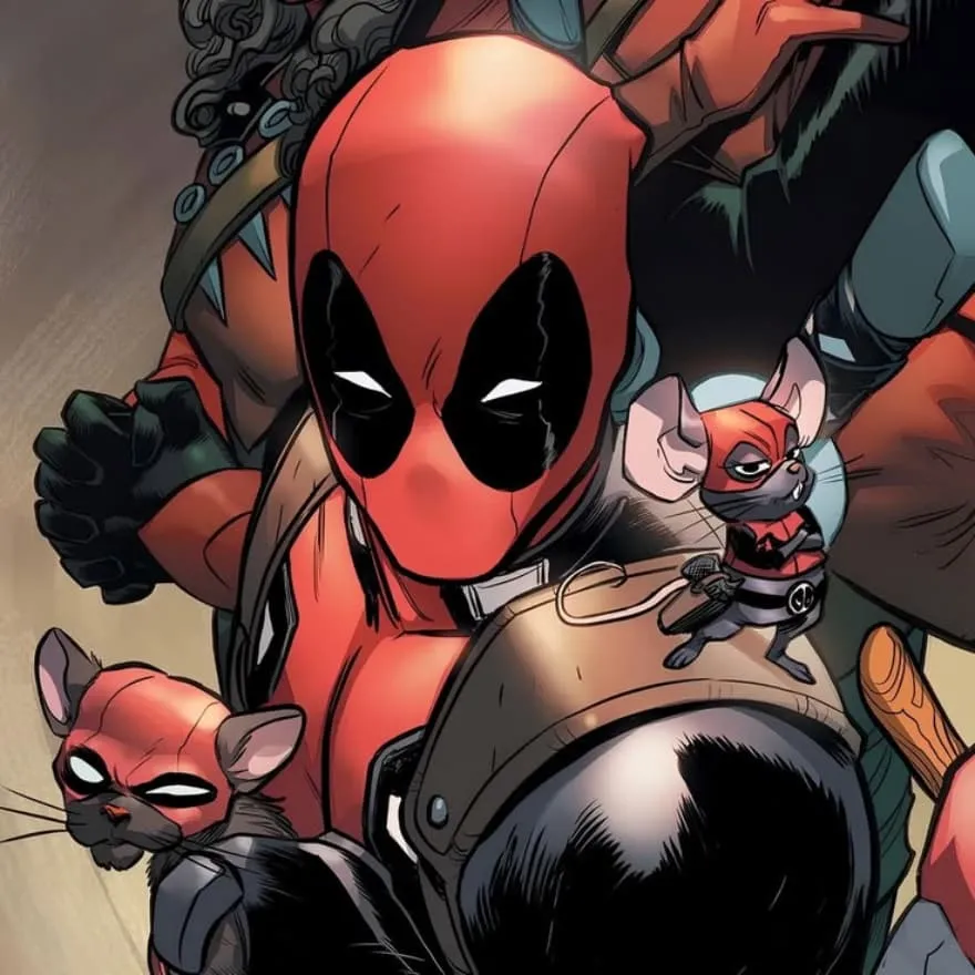 Deadpool PFP #25: A comic panel shows Deadpool leaning forward in his red and black mask while two small rats in matching masks sit beside him.