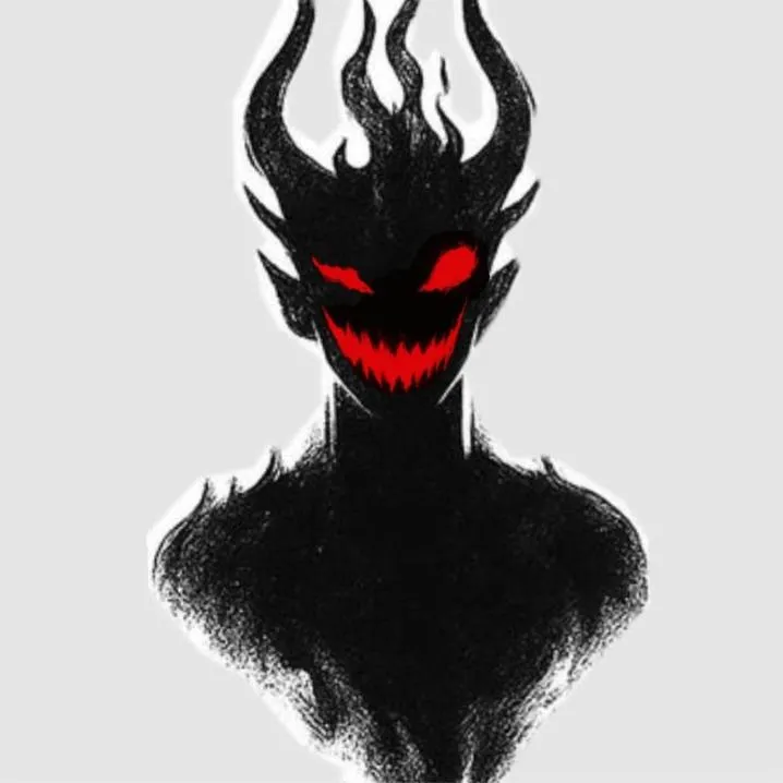 Devil PFP #1: A smoky black ink demon with tall flame shaped horns shows glowing red eyes and a jagged red grin on a pale grey background.