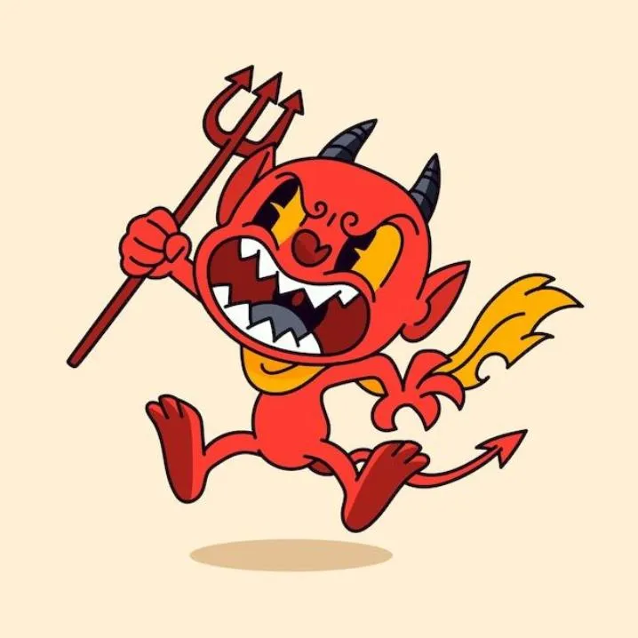 Devil PFP #11: A red rubber hose style cartoon devil with black horns, sharp teeth and a yellow cape runs while waving a trident on a cream background.