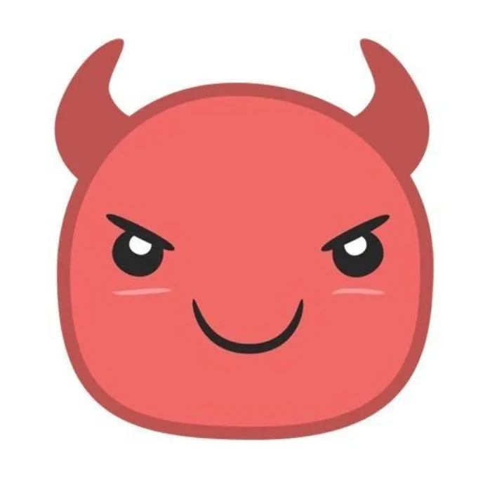 Devil PFP #12: A rounded pinkish red devil face with curved horns, narrowed eyes and a wide smirk sits on a plain white background.