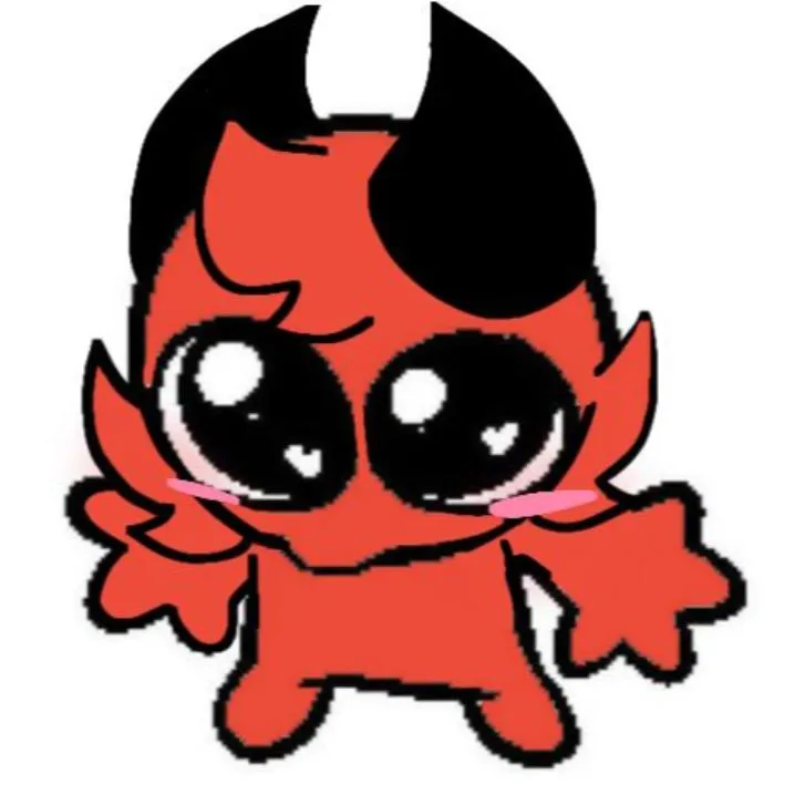 Devil PFP #13: A chunky red pixel style devil with black horns, big shiny eyes with heart highlights and pink cheeks holds out its arms on white.