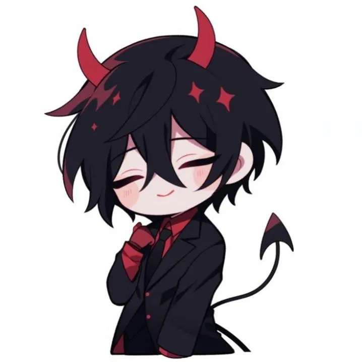 Devil PFP #14: A chibi anime boy with messy black hair, red horns and a pointed tail smiles with closed eyes in a black suit and red shirt.
