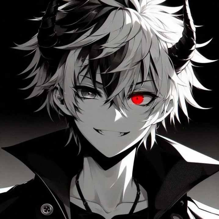 Devil PFP #15: A black and white anime boy with two toned hair, dark horns and a single glowing red eye grins in an open black jacket.
