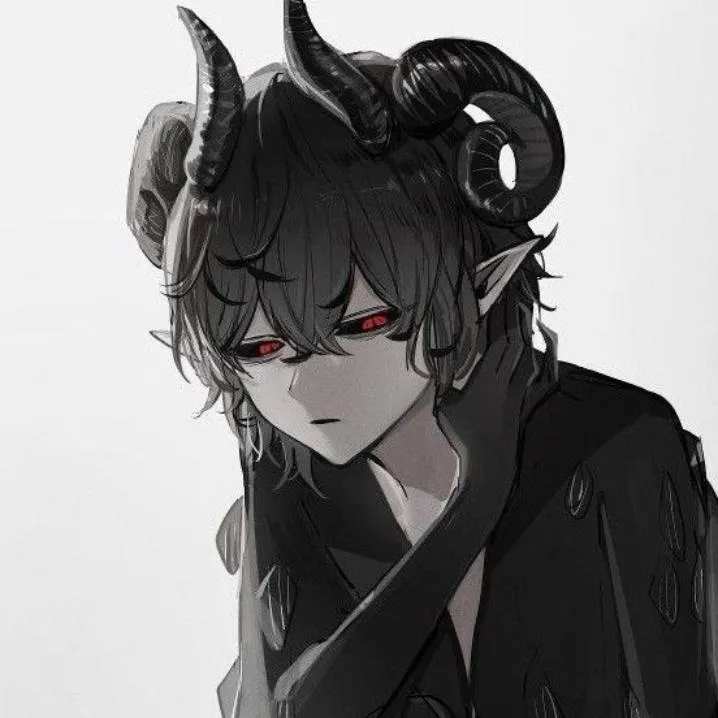 Devil PFP #16: A grey toned anime boy with curled ram horns, pointed ears and red eyes looks down solemnly in a dark robe.
