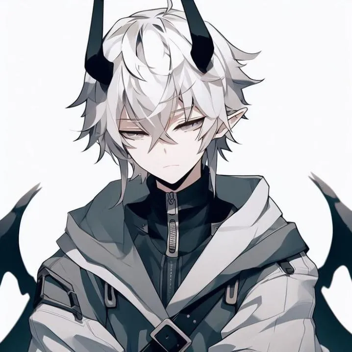 Devil PFP #17: An anime boy with spiky white hair, tall black horns and pointed ears wears a grey hooded jacket with small bat wings behind him.