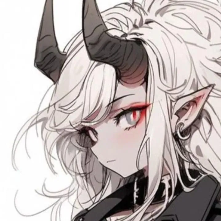 Devil PFP #18: A sketchy anime girl with long white hair, black horns, pointed ears and red rimmed grey eyes wears a black collar.