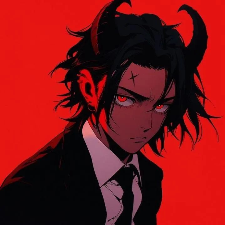 Devil PFP #19: An anime man with long black hair, curved horns and red eyes frowns in a black suit and tie against a bright red background.