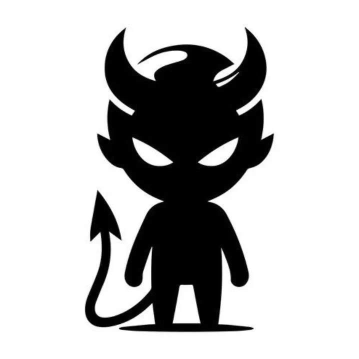 Devil PFP #2: A small black cartoon devil with curved horns, pointed ears, angry white eyes and an arrow tipped tail stands on a white background.