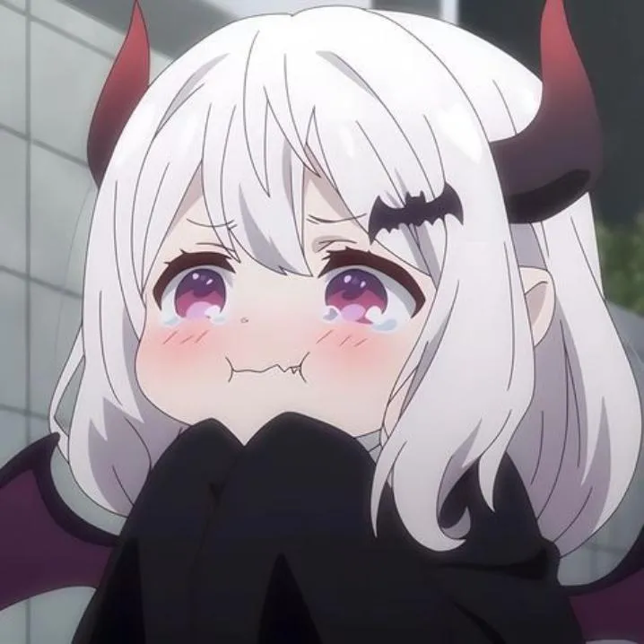 Devil PFP #20: An anime girl with white hair, dark red horns and a bat hair clip pouts with teary purple eyes and pink blushing cheeks.