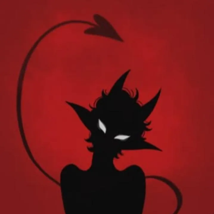 Devil PFP #3: A black silhouette with pointed ears, small horns and narrow white eyes stands on deep red while its long arrow tail curls overhead.