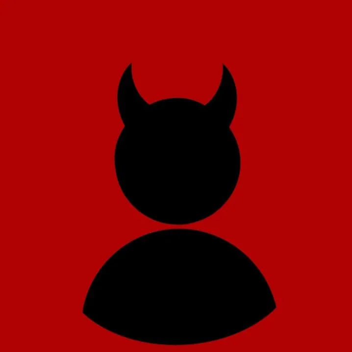 Devil PFP #4: A plain black head and shoulders silhouette with two curved devil horns sits in the centre of a flat red square.