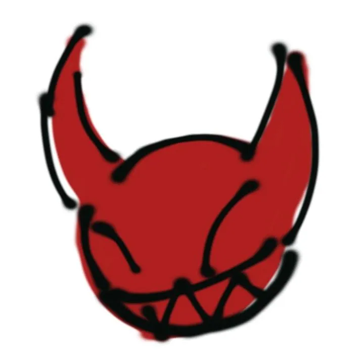 Devil PFP #5: A rough red marker drawing of a devil head with huge pointed horns, slanted eyes and a wide zigzag grin is outlined in thick black.