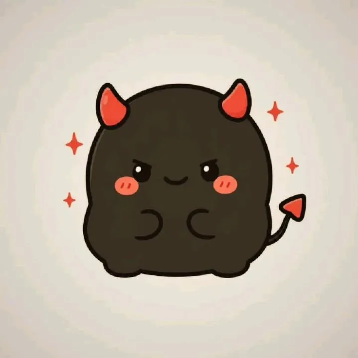 Devil PFP #6: A round black cartoon devil with small red horns, rosy pink cheeks and a tiny smile sits among red sparkles on a cream background.