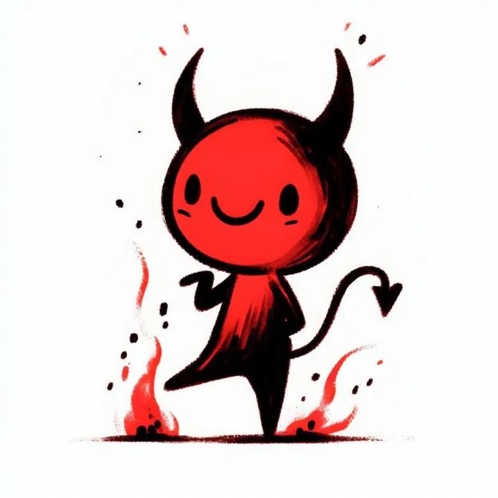 Devil PFP #7: A smiling red devil with black horns and a pointed tail steps through small red flames and ink splatters on a white background.