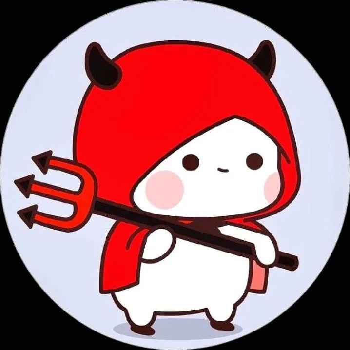 Devil PFP #8: A round white character in a red hooded cape with black horns carries a red trident on its shoulder inside a pale blue circle.