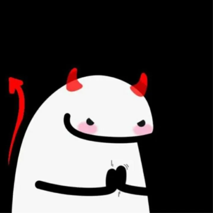 Devil PFP #9: A white blob devil with small red horns and pink blushing cheeks presses its hands together beside a red arrow tail on black.