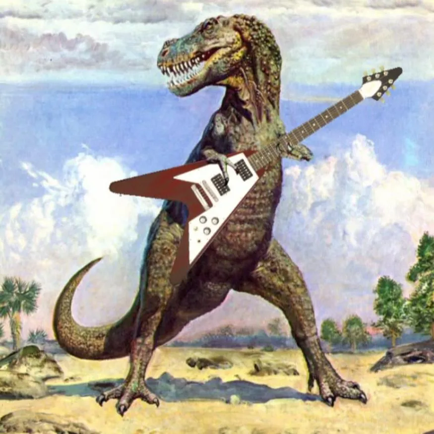 Dinosaur PFP #10: A painted T-Rex stands upright on a sandy plain under a cloudy blue sky, playing a red and white electric guitar.