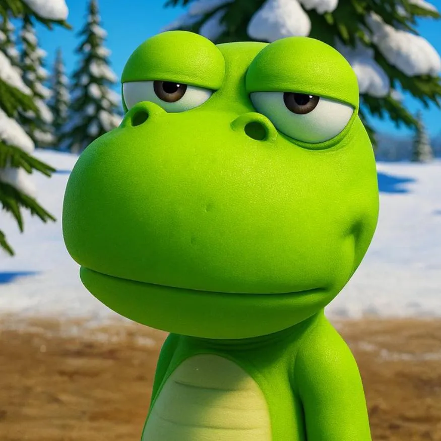 Dinosaur PFP #12: A bright green 3D cartoon dinosaur with heavy half closed eyelids stands in front of snowy pine trees and a blue sky.